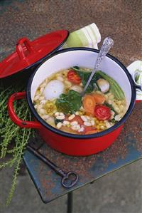 Bean and vegetable soup in a soup pot