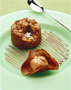 Banana bread pudding, with chocolate ice cream in wafer bowl