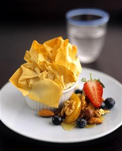 Baked filo pastry with fruit and nuts