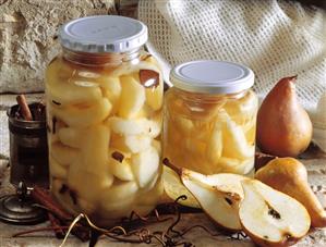 Bottled pears in jars