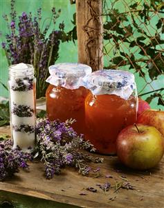 Apple and lavender jelly, beside lavender sugar