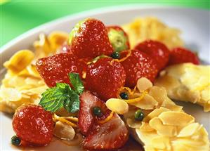 Baked almond tofu with strawberries and green pepper