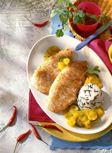 Turkey escalope in coconut panade with mango