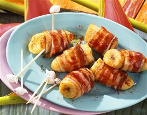 Rum bananas wrapped in bacon