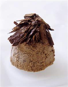 A scoop of chocolate ice cream with chocolate curls