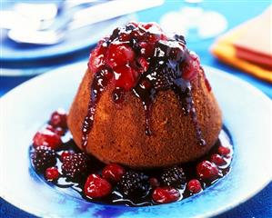 English chocolate pudding with red stewed fruit (1)