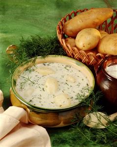 Cold potato soup with sour cream and dill