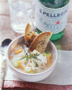 Minestrone with toasted bread, S. Pellegrino behind (1)