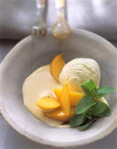 Poached peaches with sambuca whip & vanilla ice cream (1)