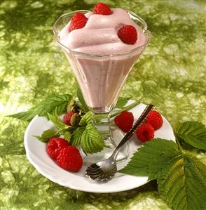 Raspberry whip, garnished with fresh raspberries