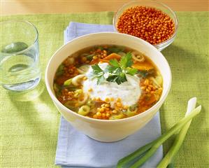 Lentil and carrot soup with crème fraiche