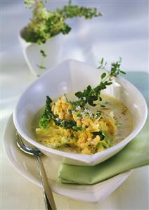 Cereal soup with savoy, saffron and thyme