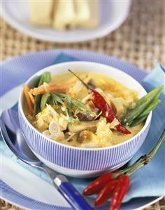 Asian soup with diced Lopino (lupin tofu)