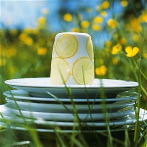 Panna cotta with slices of lemon on pile of plates in open air