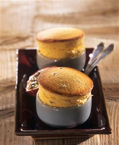 Passion fruit soufflés in baking dish