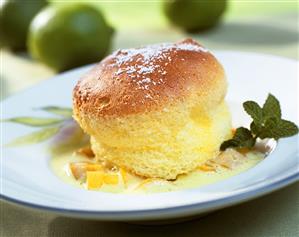 Lime soufflé on fruit ragout with woodruff whip