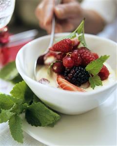 Berry salad with custard and lemon balm