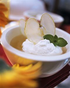 New wine soup with quark dumplings and apple slices