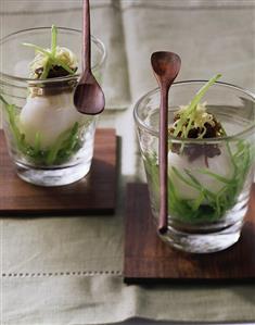 Eggs in glasses with ginger and strips of mangetout