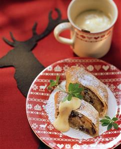 Apple strudel with beer whip and icing sugar