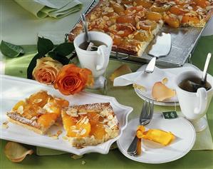 Tray-baked apricot cake; green tea