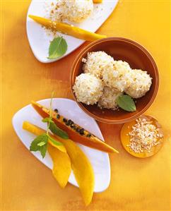 Coconut and rice balls with fresh mango from the Caribbean