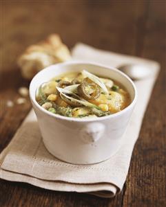 Vegetable stew in soup bowl on napkin