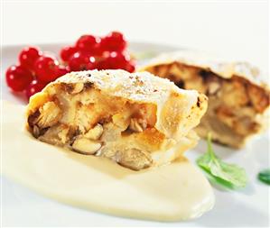 Apricot and pear strudel with vanilla quark sauce