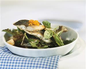 Sea bass in orange and basil stock