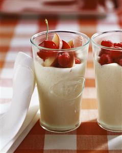 Cold peach soup with raspberries and cherries