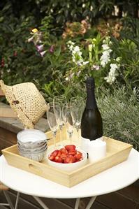 Champagne bottle, strawberries and cream on tray in open air