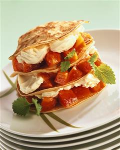 Tower of crepes, papayas and mascarpone