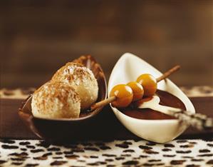 Semolina dumplings with nougat cream and Physalis