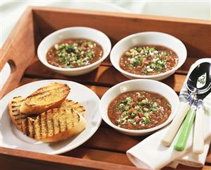 Gazpacho, toast and garlic bread