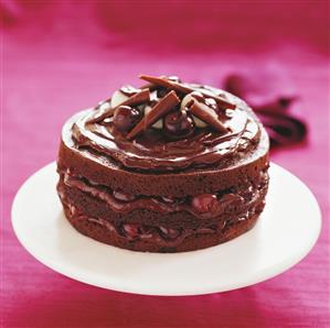 Chocolate cake with cherries and chocolate cream