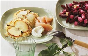 Apple rosti with salmon and beetroot salad