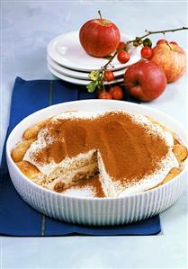 Apple tiramisu in white dish