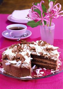 Chocolate gateau with truffle cream and chocolate curls