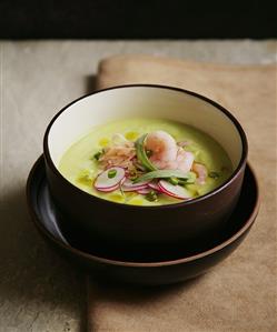 Cucumber soup with shrimps and radishes