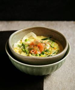 Vegetable soup with smoked salmon