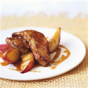 Fried goose liver with peaches