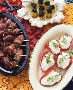 Stuffed baby peppers & cherry tomatoes, bacon-wrapped dates