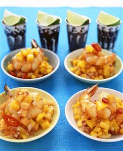 Mango and papaya salsa with king prawns