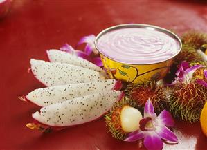 Beetroot yoghurt with pitahaya and rambutans (India)