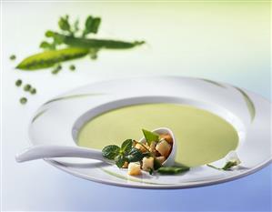 Pea soup with mint croutons