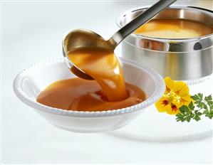 Ladling papaya cream soup into plate