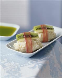 Sweet rice dumplings with kiwi fruit and rhubarb