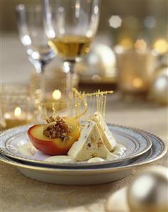 Peach with walnut stuffing and dried fruit parfait