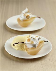 Poached pears with cream and advocaat parfait