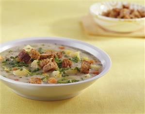 Vegetable soup with cubes of bread